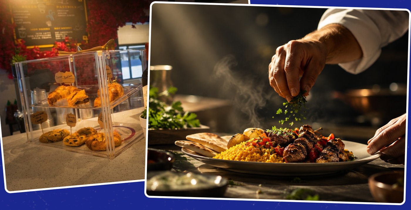 Fresh pastries and a chef finishing a Greek plate
